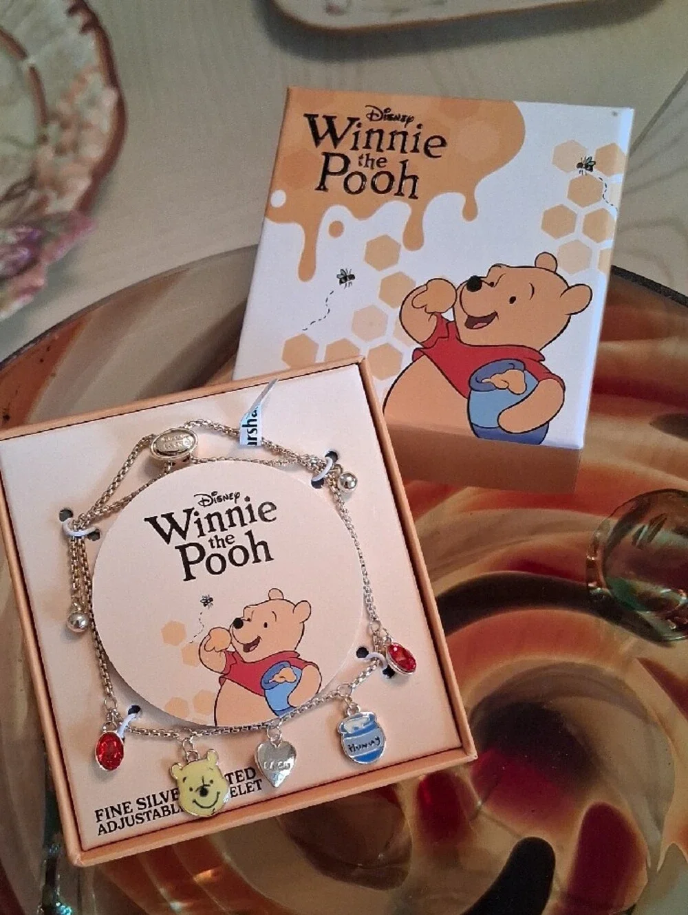 Disney Winnie the Pooh Gold Charm Bracelet W/ Red & Blue Accents.NWT. Super Cute